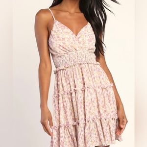 Lulus Petal Posy Blush Floral Tiered Mini Dress